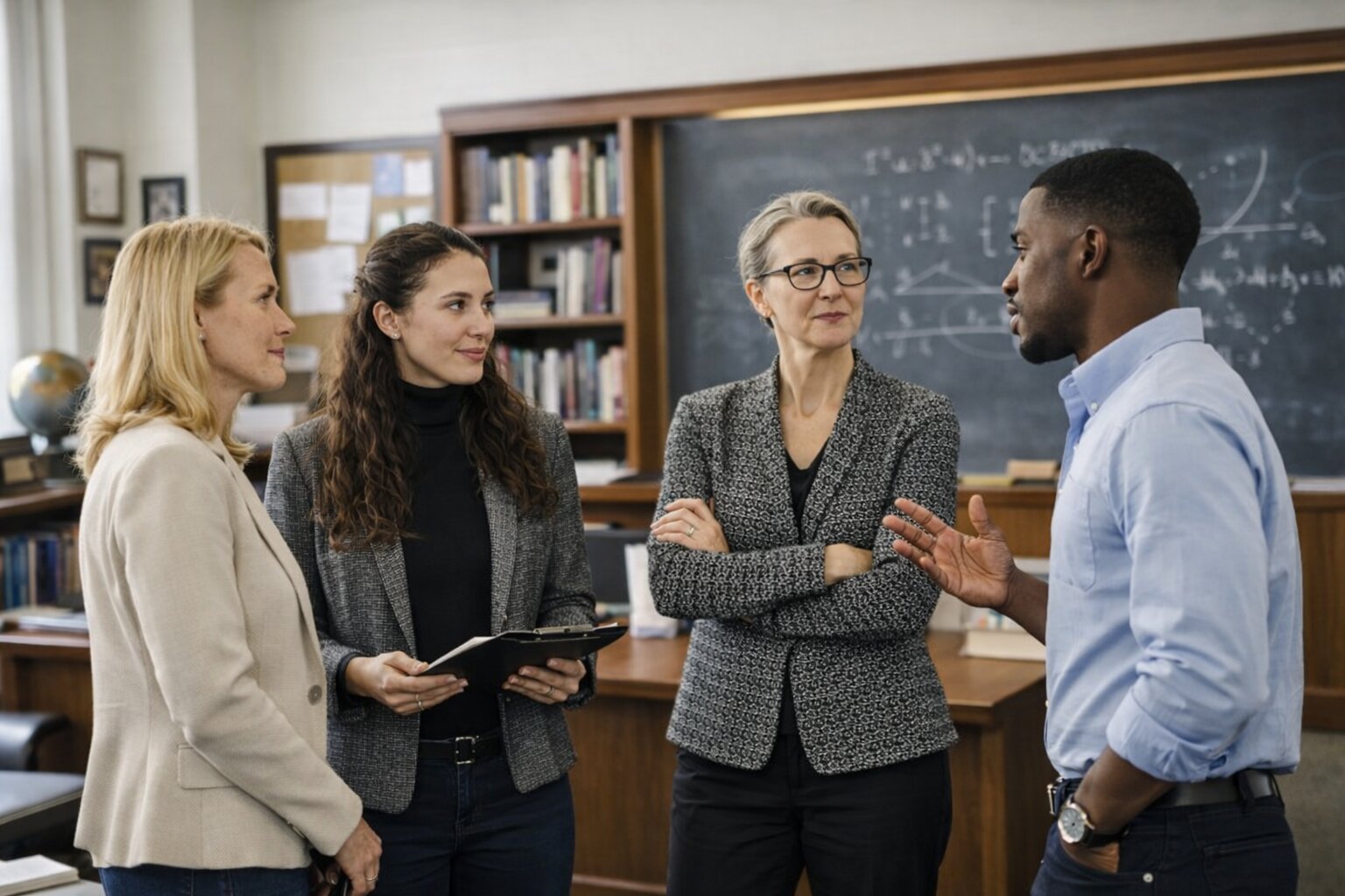 School administrator meeting with department leads around a conference table