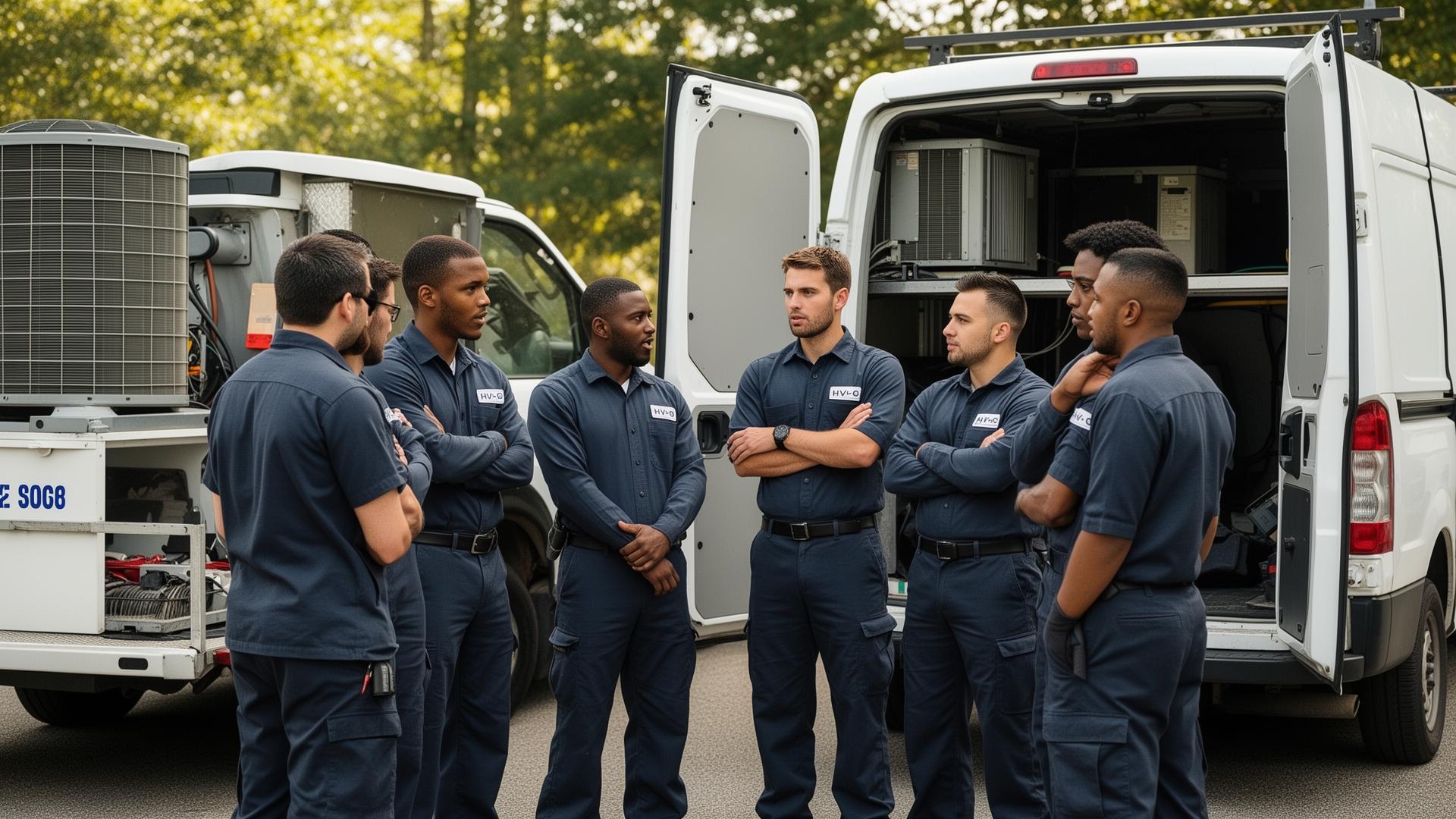 HVAC field technicians in a team huddle before a service call