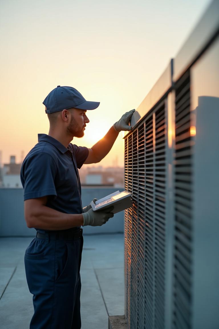 HVAC technician inspecting commercial rooftop unit at sunset